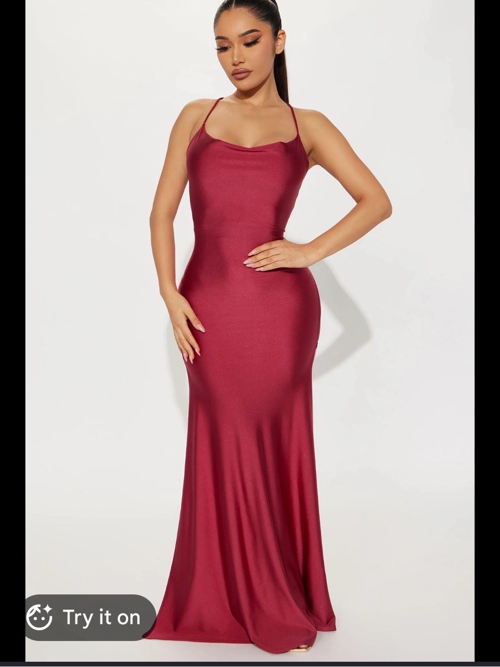 Fashion Nova Wine Satin Cowl Neck Maxi Dress